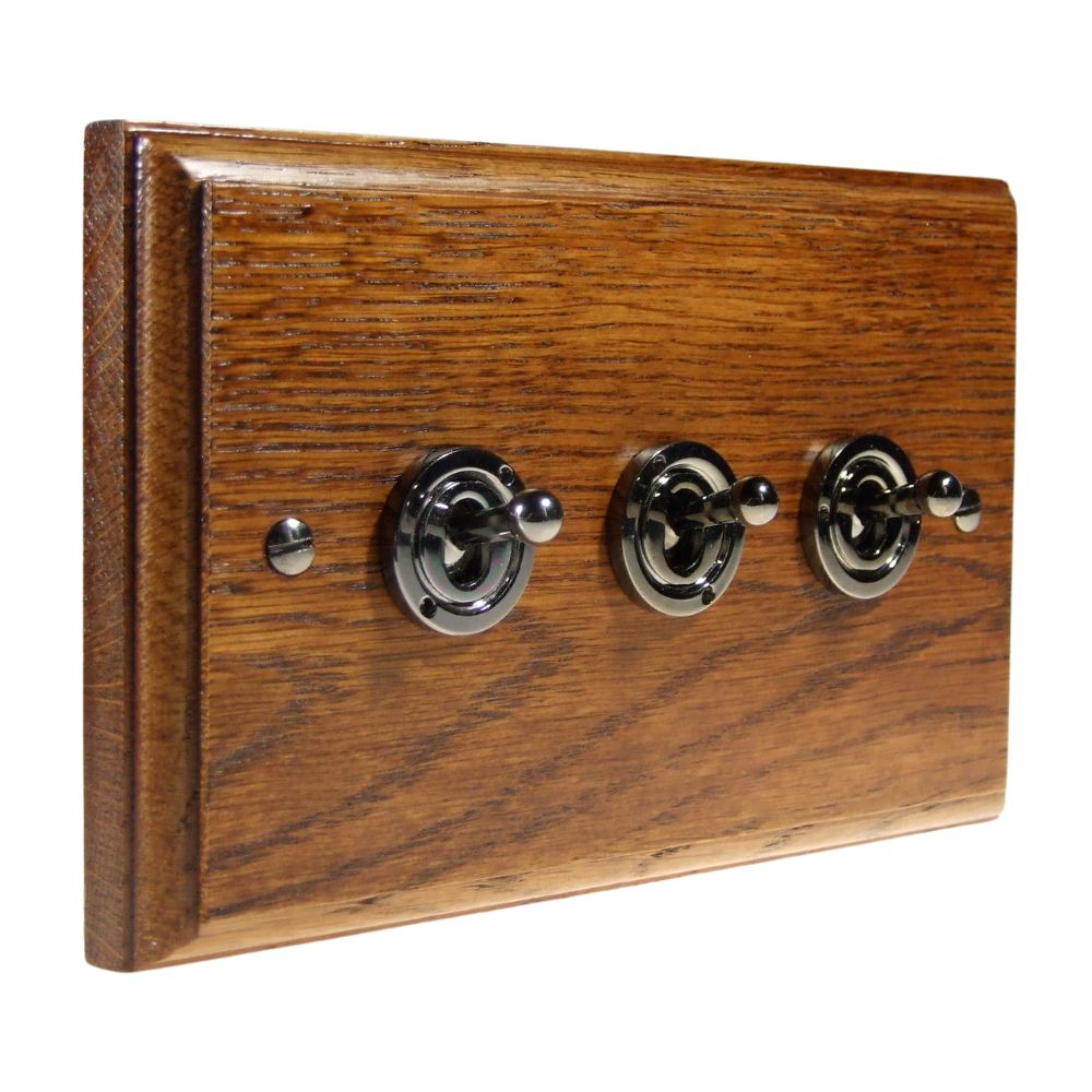Classic Medium Oak Triple Light Switch Black Nickel Period Toggle