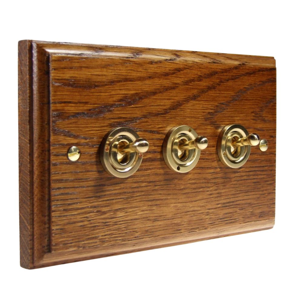Classic Medium Oak Triple Light Switch Polished Brass Period Toggle