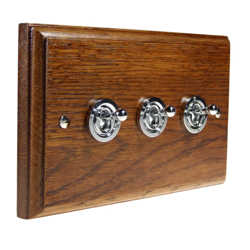Classic Medium Oak Triple Light Switch Polished Chrome Period Toggle