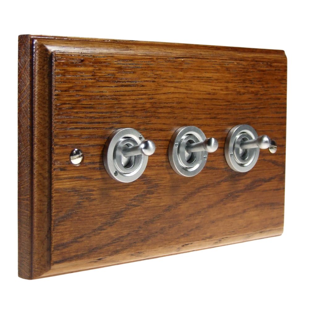 Classic Medium Oak Triple Light Switch Satin Stainless Period Toggle