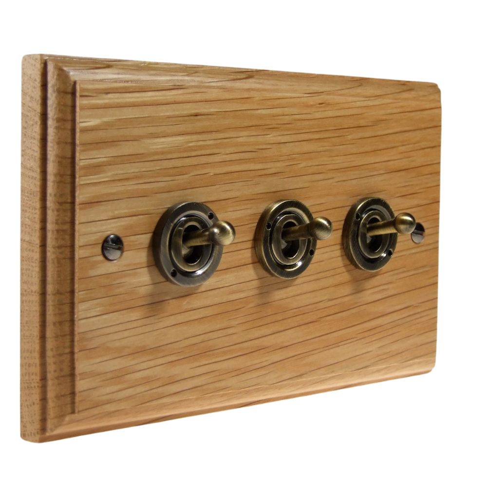 Classic Oak Triple Light Switch Antique Brass Period Toggle