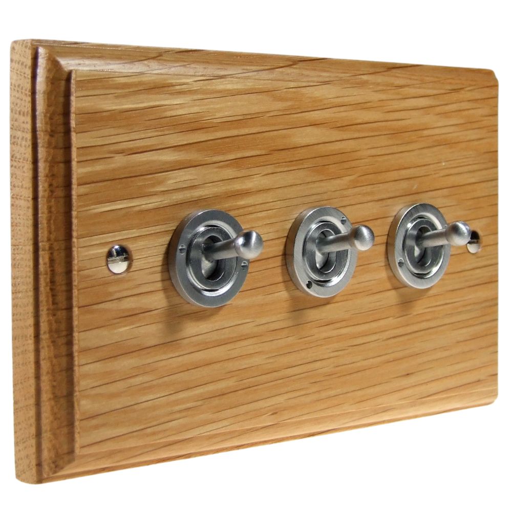 Classic Oak Triple Light Switch satin Stainless Period Toggle