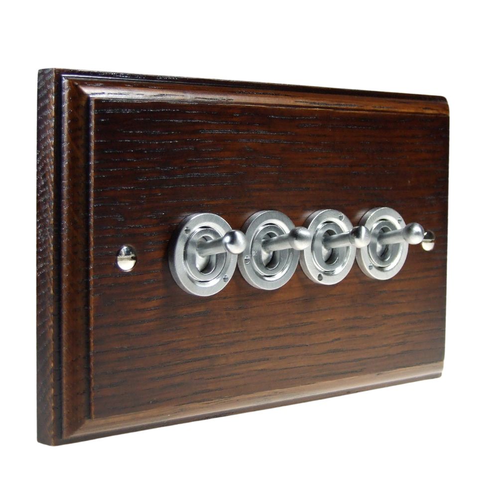 Classic Dark Oak Triple Light Switch Satin Stainless Period Toggle