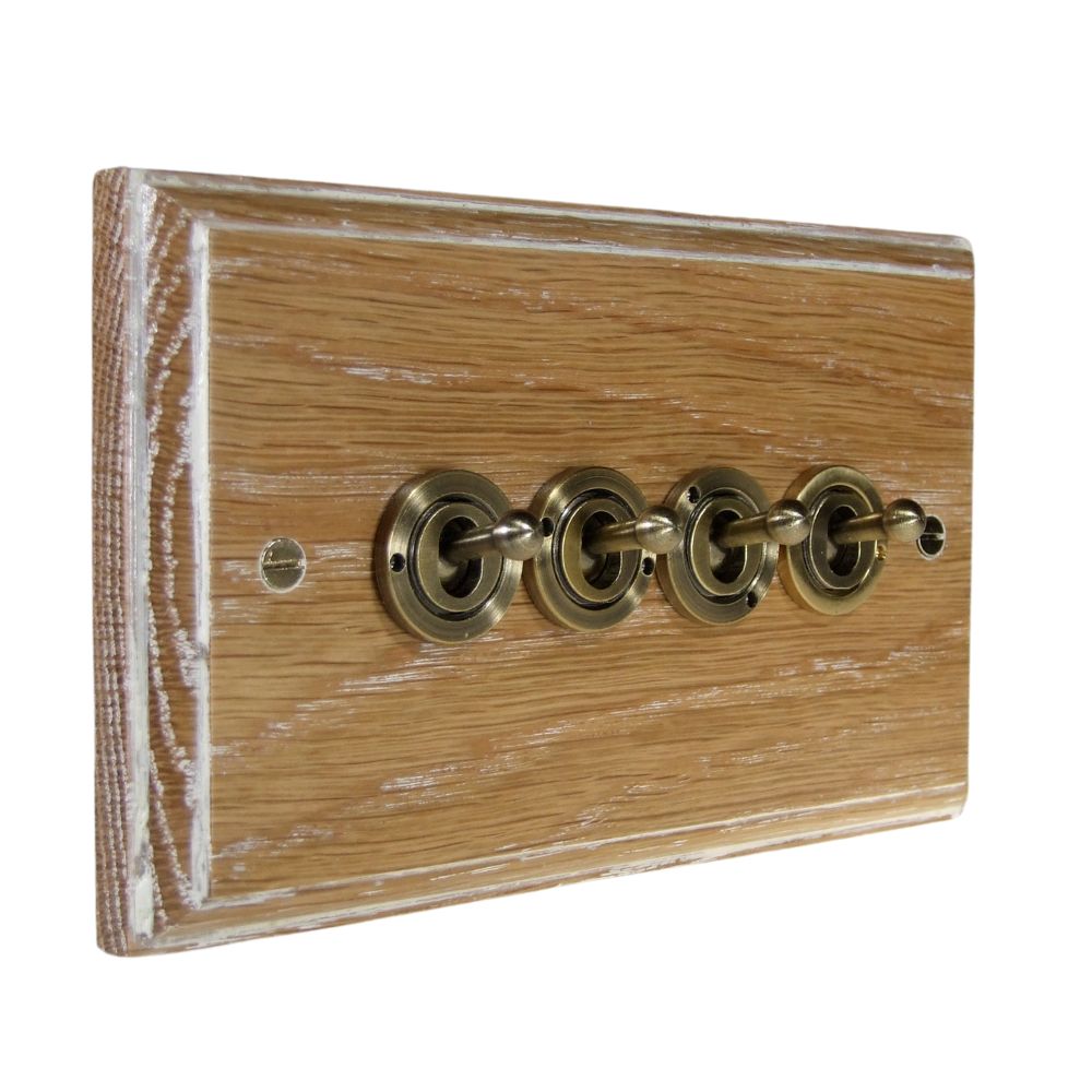 Classic Limed Oak 4 Switch Light Switch Antique Brass Period Toggle