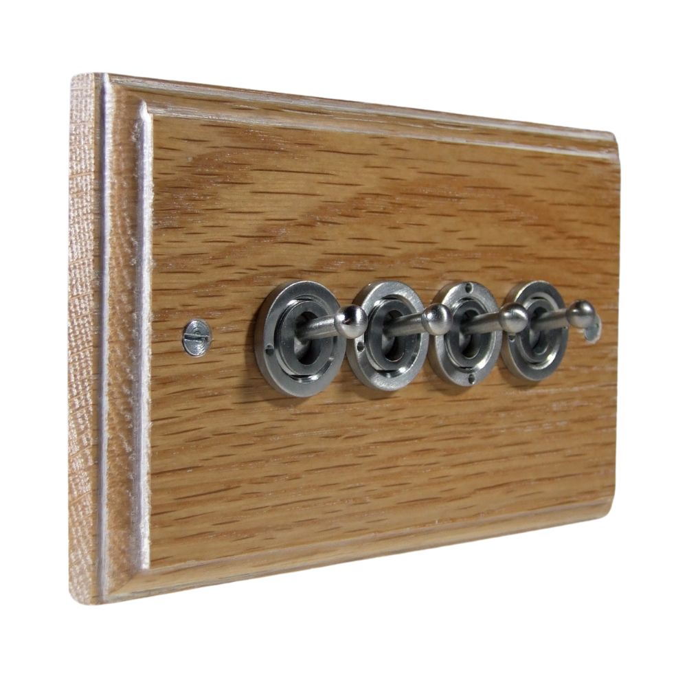 Classic Limed Oak 4 Switch Light Switch Satin Stainless Period Toggle