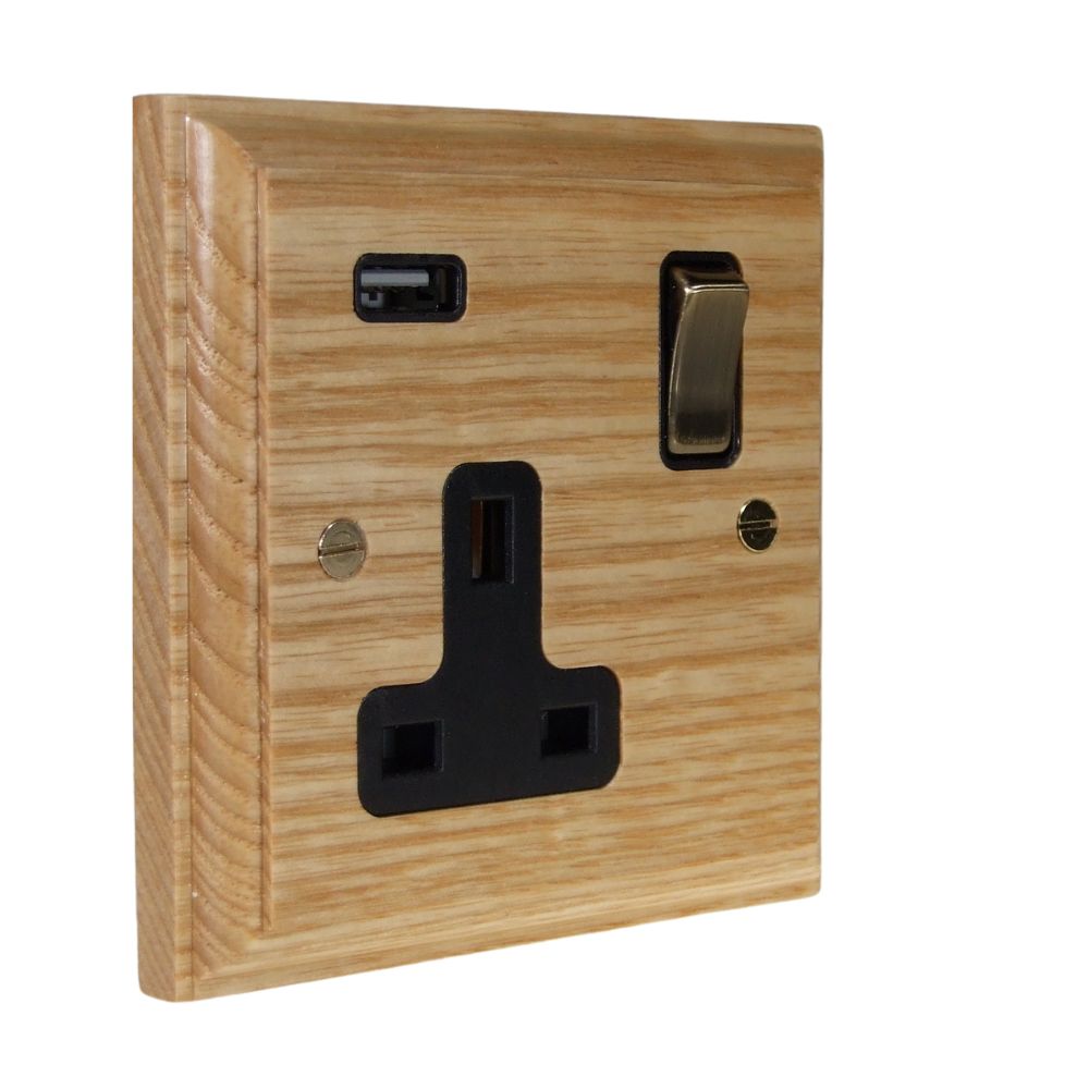 Classic Ash Single Switched Socket with USB Antique Brass and Black