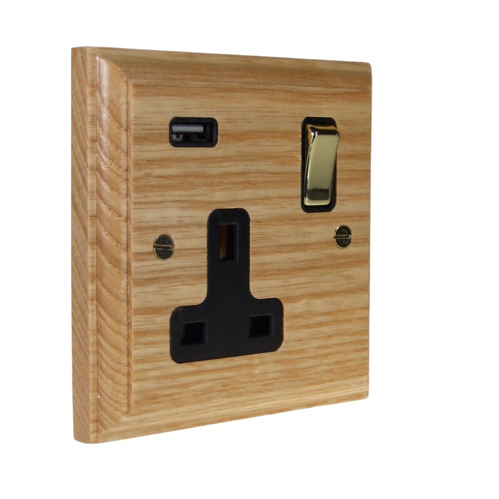 Classic Ash Single Switched Socket with USB Polished Brass and Black