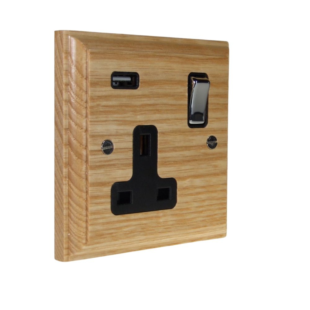 Classic Ash Single Switched Socket with USB Polished Chrome and Black