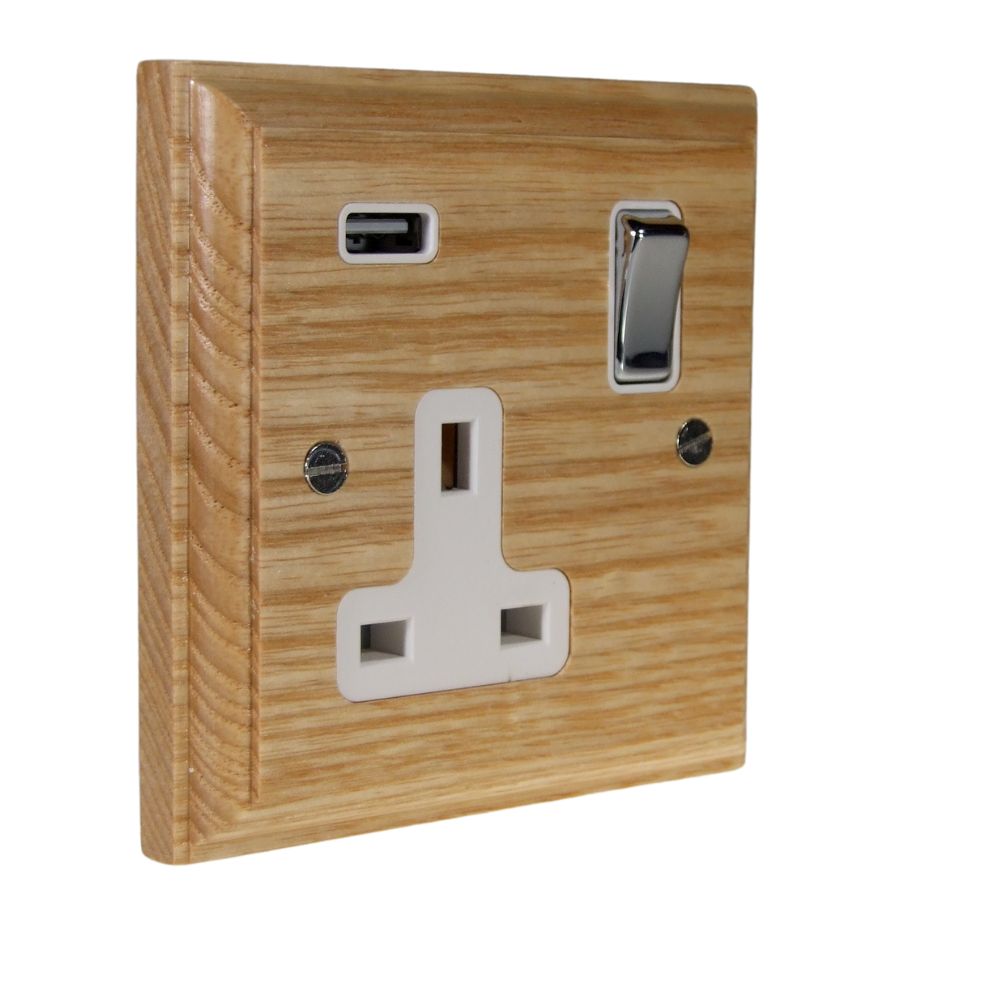 Classic Ash Single Switched Socket with USB Polished Chrome and White