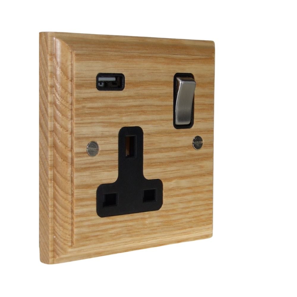 Classic Ash Single Switched Socket with USB Satin Stainless and Black