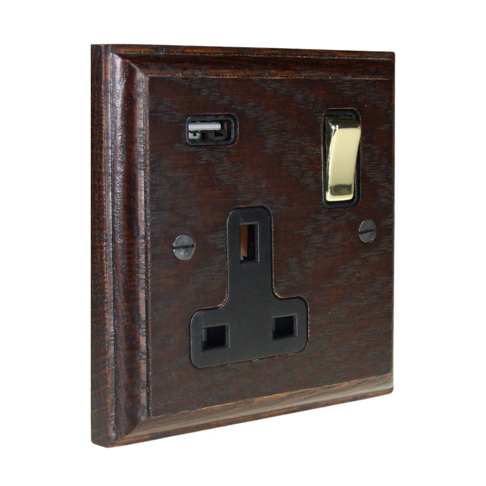 Classic Dark Oak Single Switched USB Socket polished Brass and Black