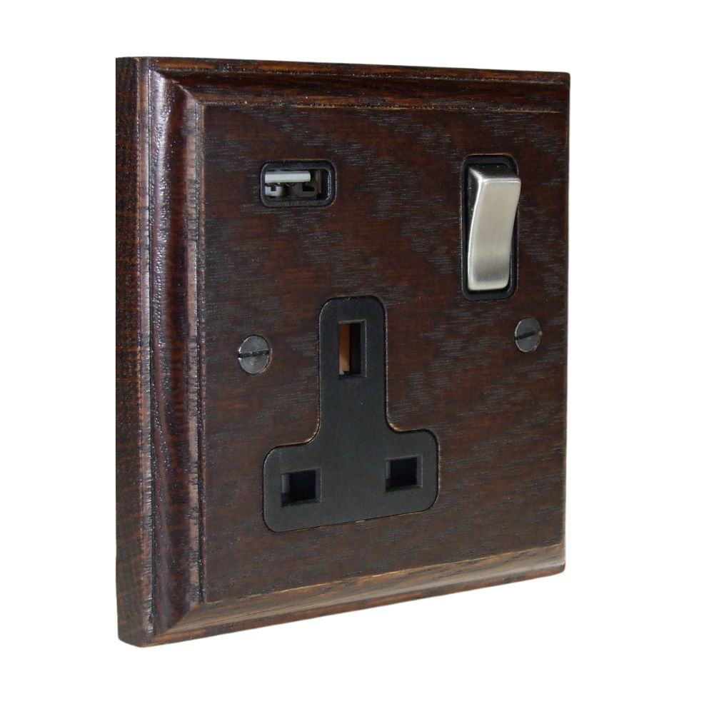 Classic Dark Oak Single Switched USB Socket Satin Stainless and Black