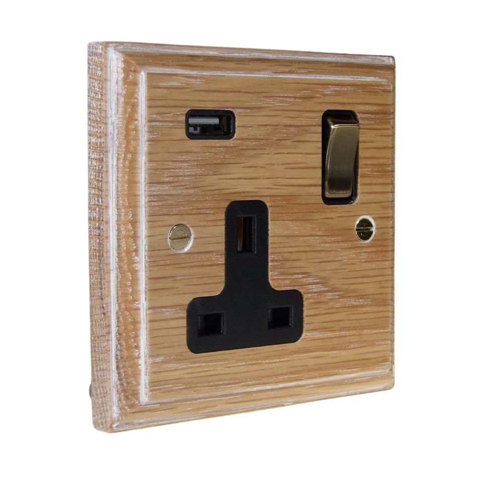 Classic Limed Oak Single Switched Socket with USB Antique Brass and Black