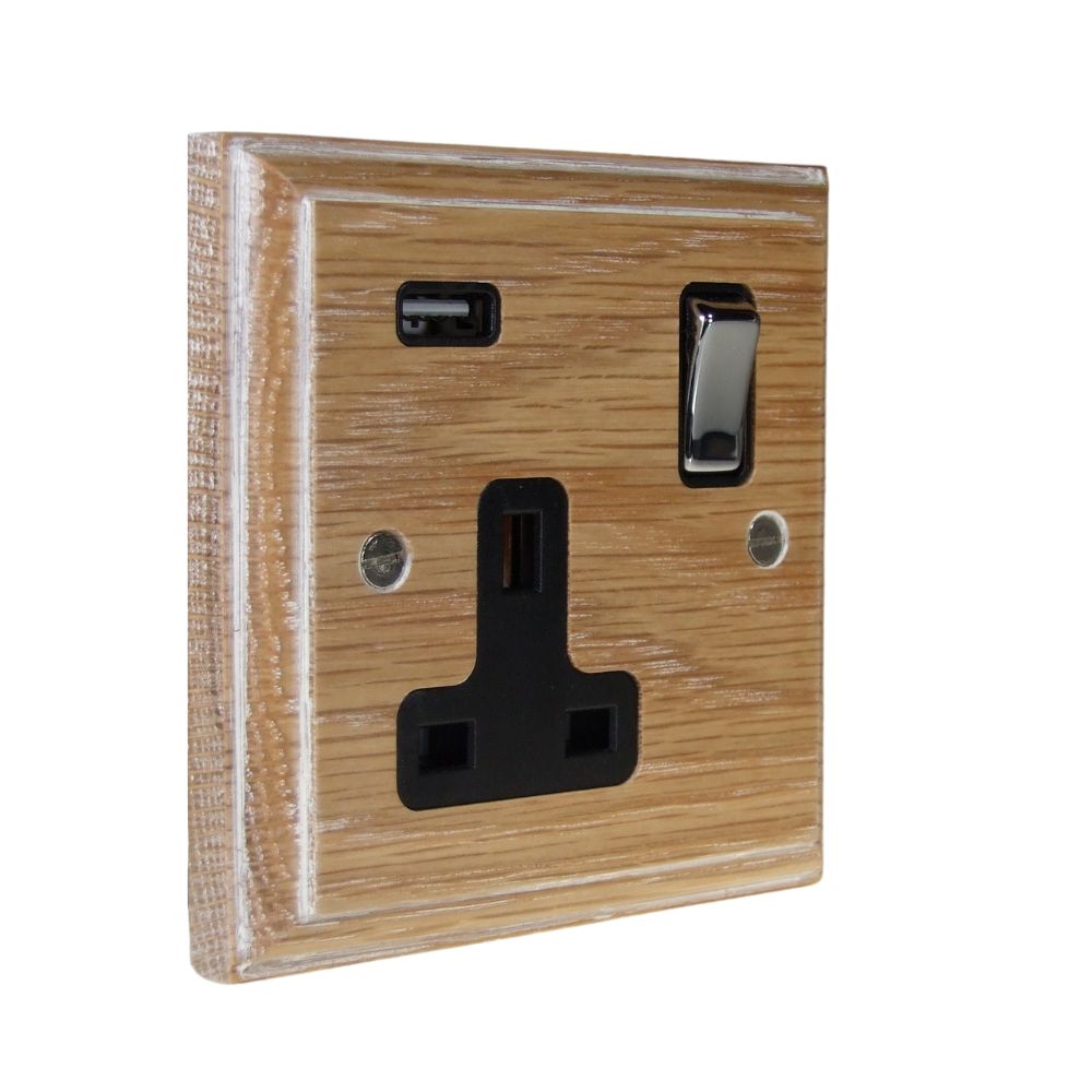 Classic Limed Oak Single Switched Socket with USB Polished Chrome and Black