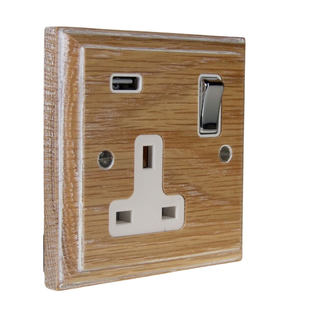 Classic Limed Oak Single Switched Socket with USB Polished Chrome and White