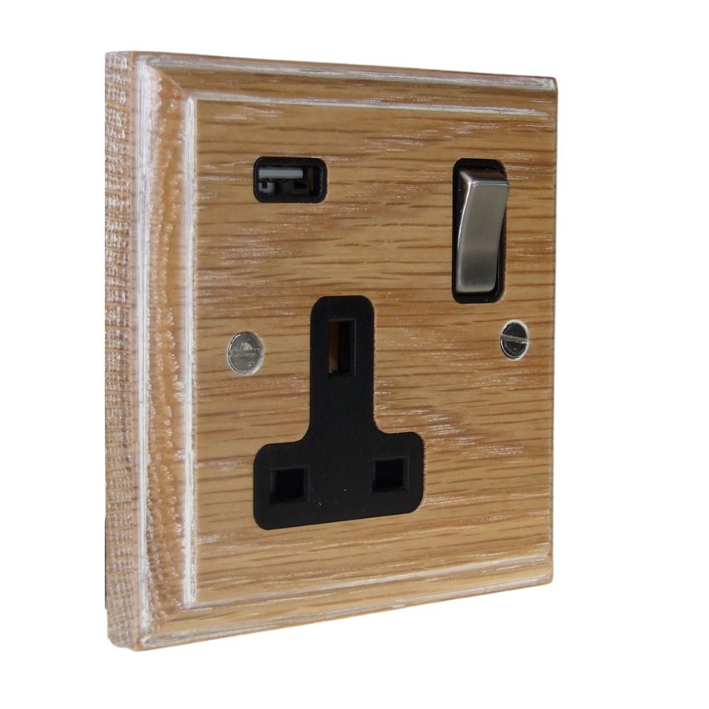 Classic Limed Oak Single Switched Socket with USB Satin Stainless and Black