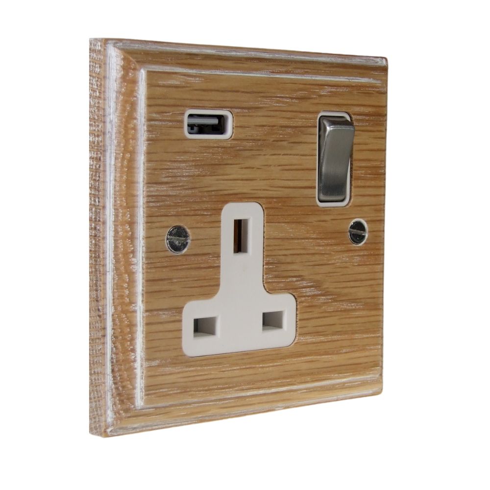 Classic Limed Oak Single Switched Socket with USB Satin Stainless and White