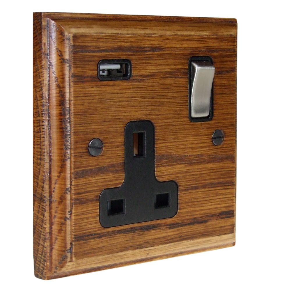 Classic Medium Oak Single Switched USB Socket Satin Stainless and Black