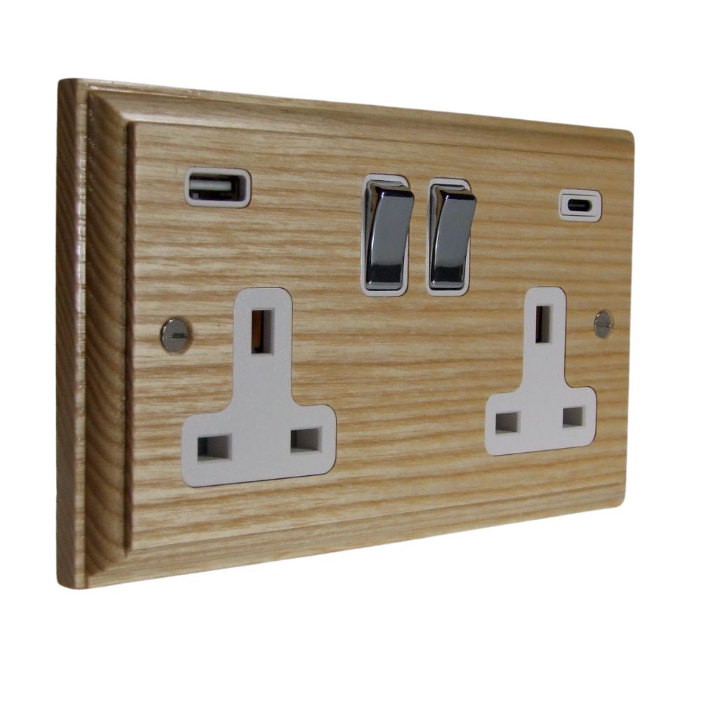 Classic Ash Double Switched Socket with A+C USB Satin Stainless and Black