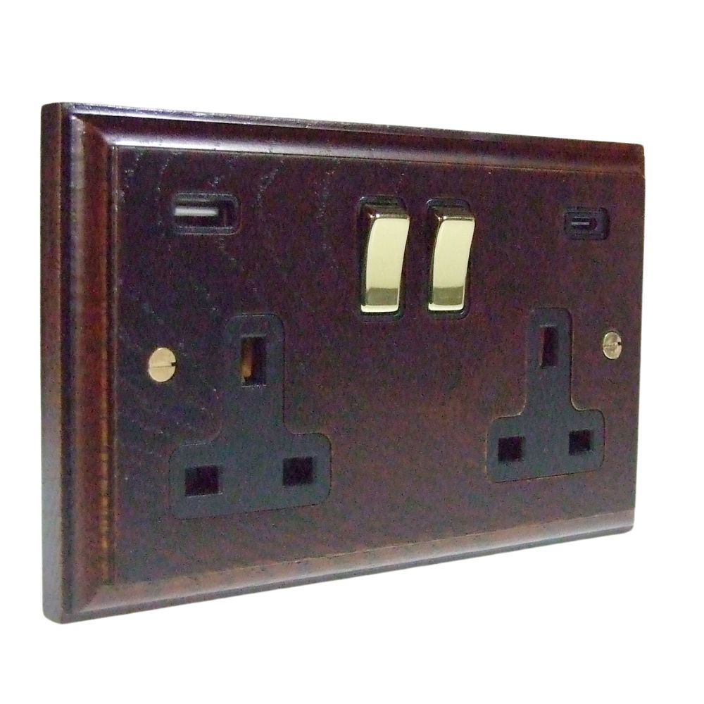Classic Dark Oak Double Switched A+C USB Socket Polished Brass and Black