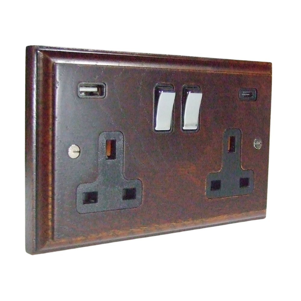Classic Dark Oak Double Switched A+C USB Socket Polished Chrome and Black