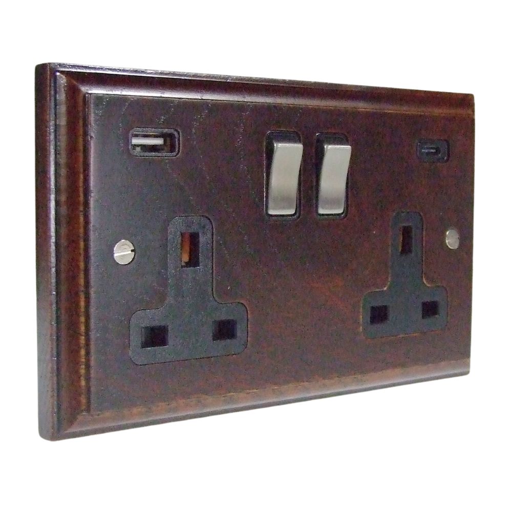 Classic Dark Oak Double Switched A+C USB Socket Satin Stainless and Black