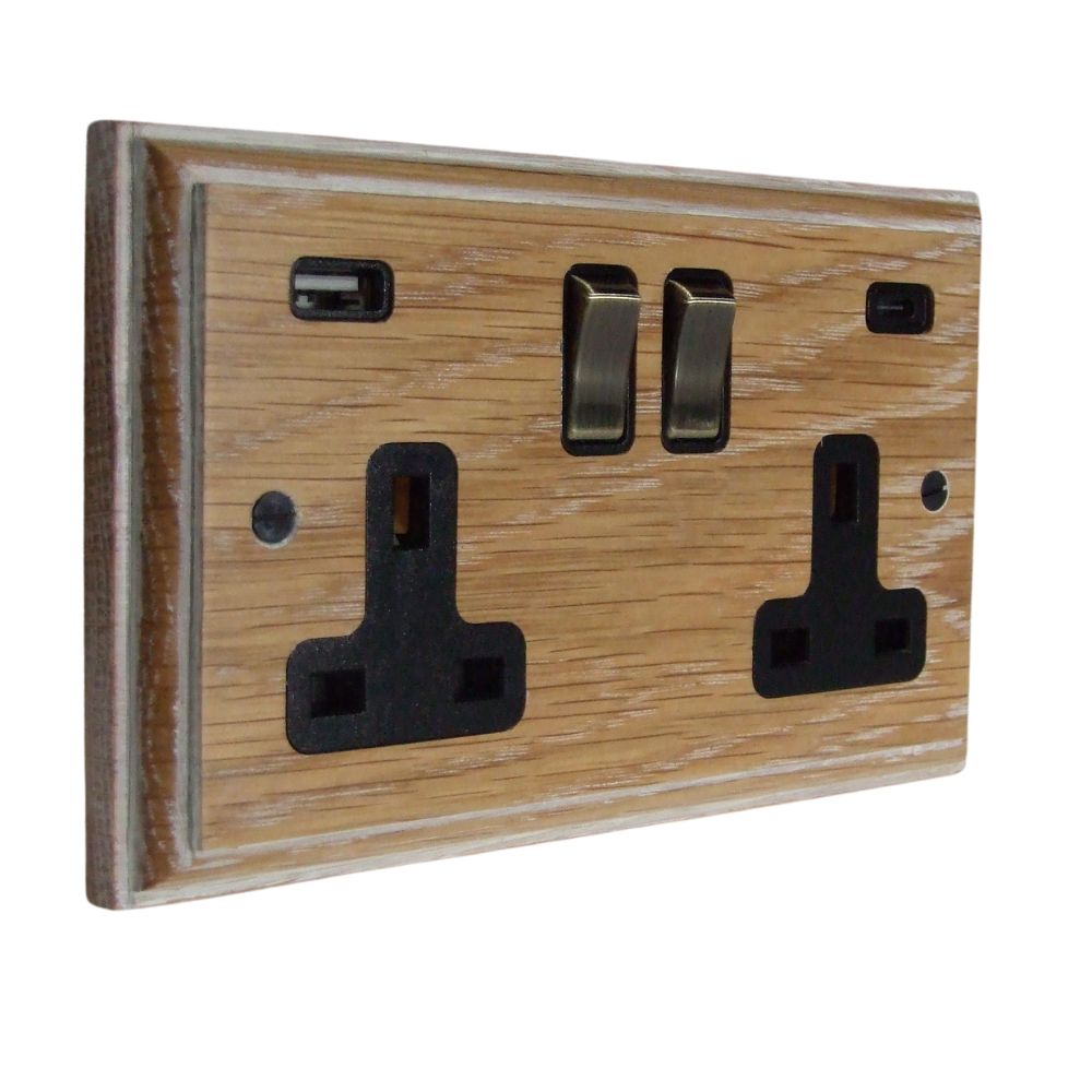 Classic Limed Oak Double Switched Socket with A+C USB Antique Brass and Black