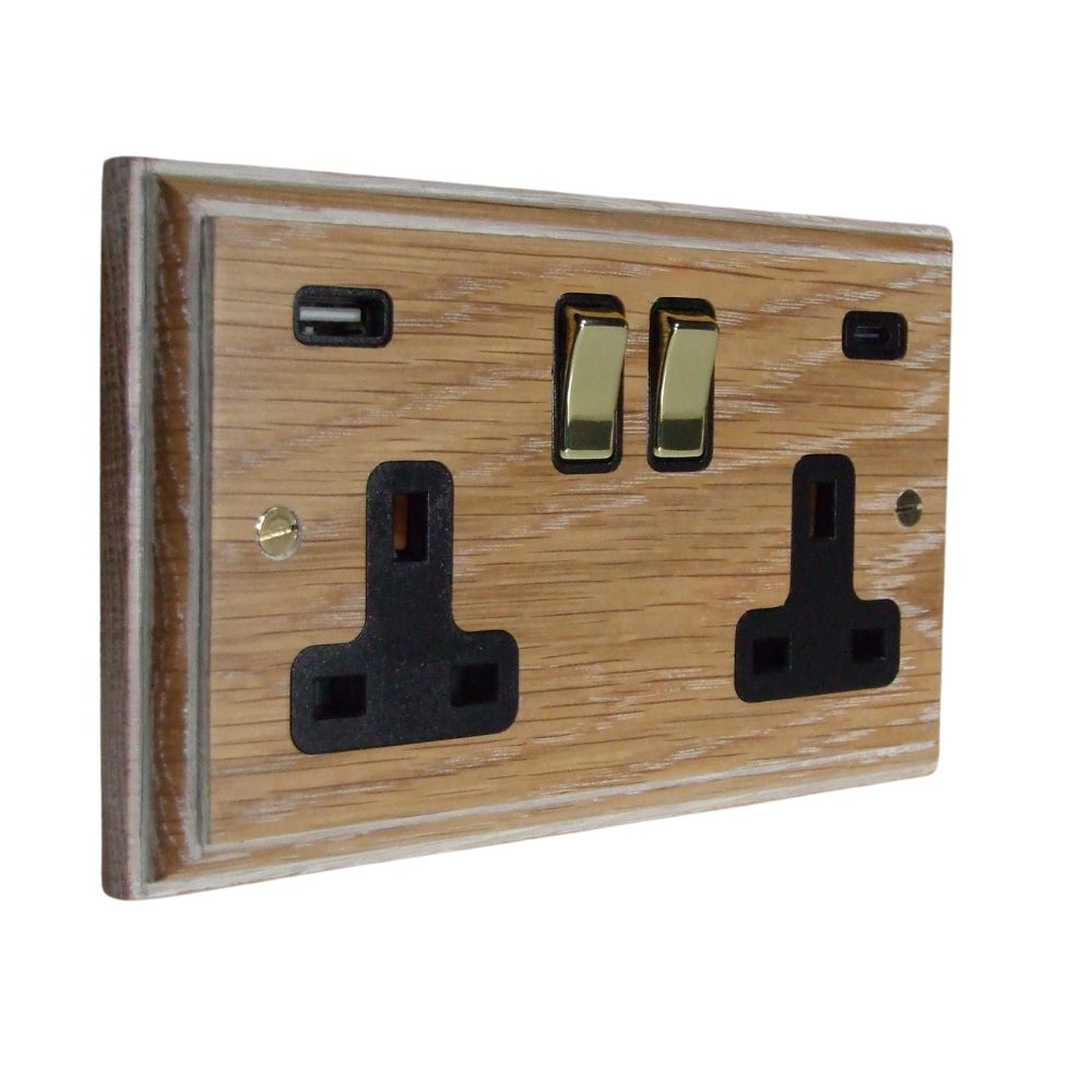 Classic Limed Oak Double Switched Socket with A+C USB Polished Brass and Black
