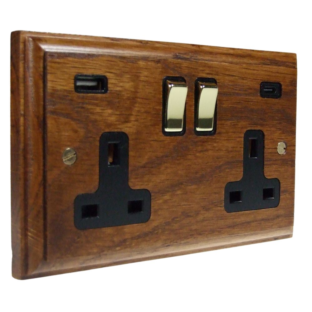 Classic Medium Oak Double Switched A+C USB Socket Polished Brass and Black