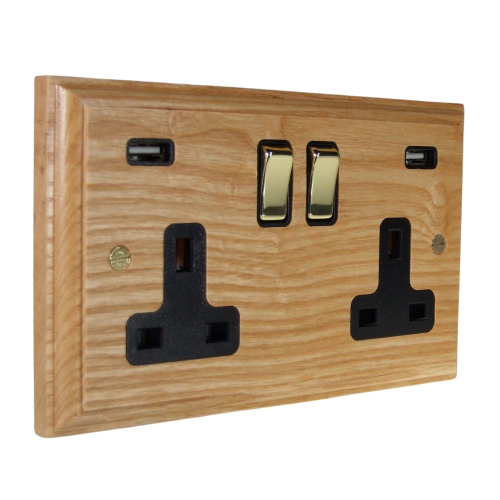 Classic Ash Double Switched Socket with USB Polished Brass and Black