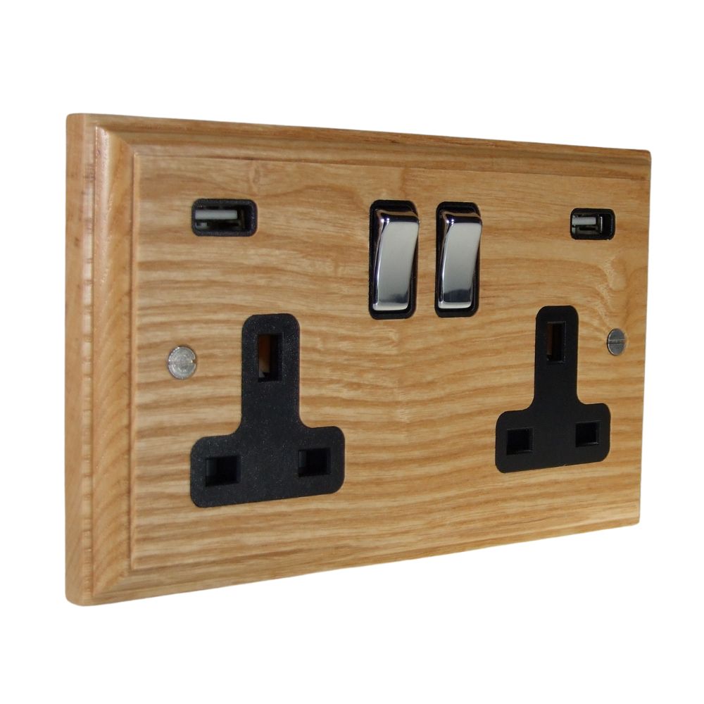 Classic Ash Double Switched Socket with USB Polished Chrome and Black