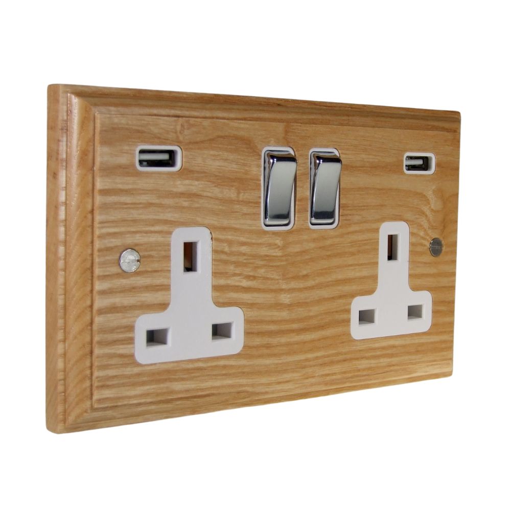 Classic Ash Double Switched Socket with USB Polishe Chrome an White