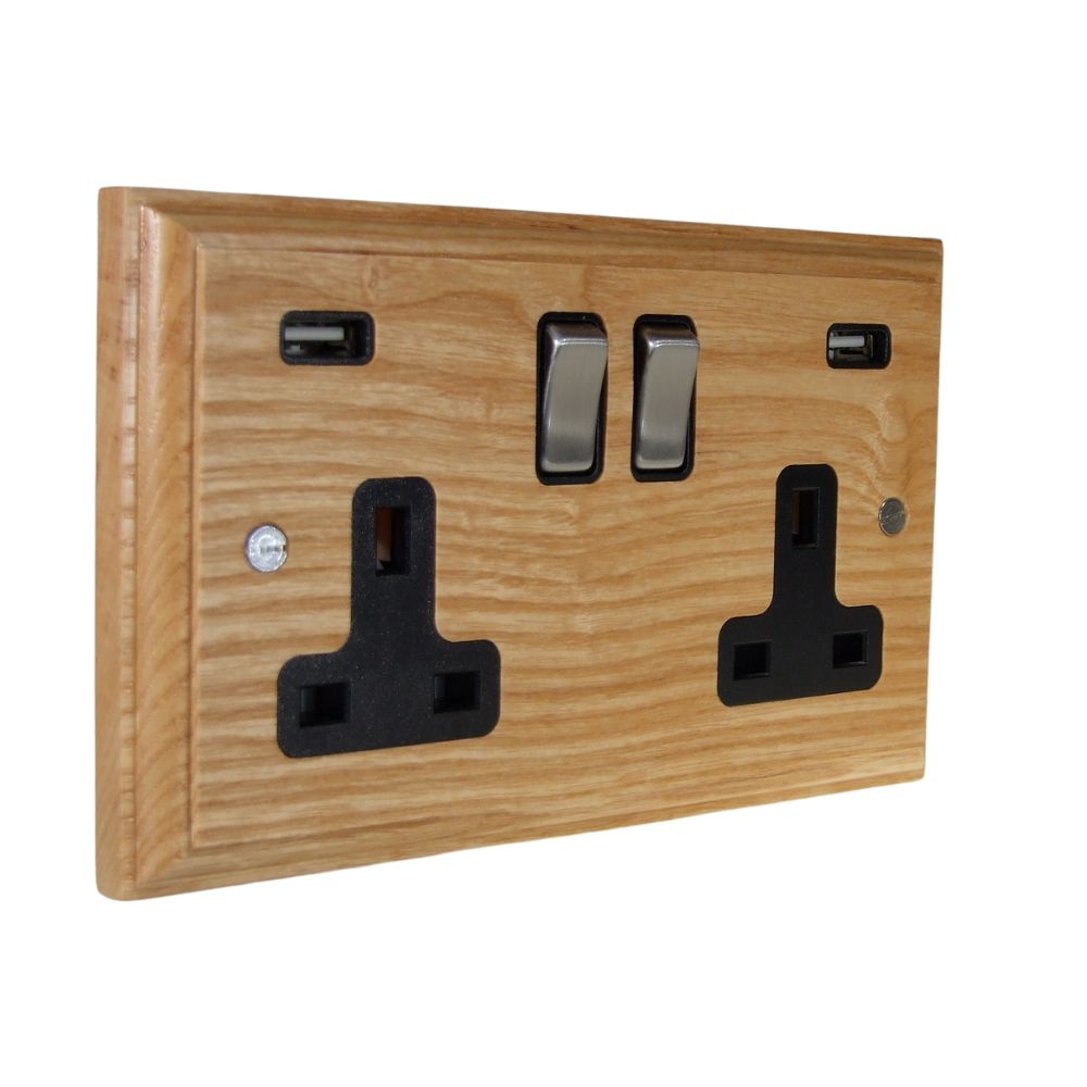 Classic Ash Double Switched Socket with USB Satin Stainless and Black