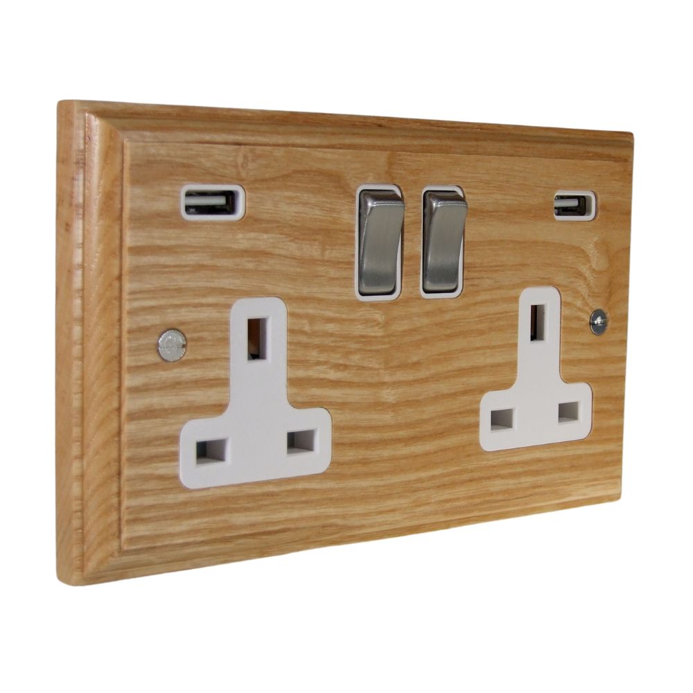 Classic Ash Double Switched Socket with USB Satin Stainless and White
