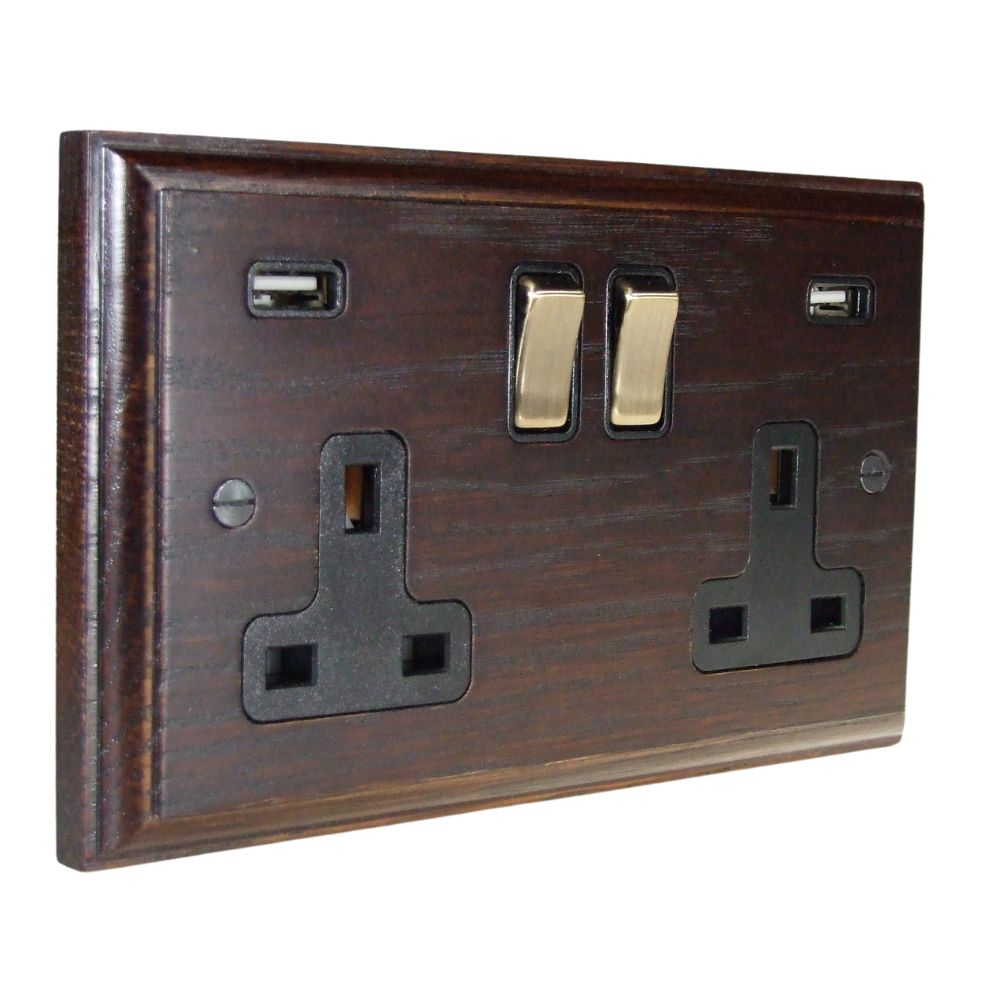 Classic Dark Oak Double Switched USB Socket Antique Brass and Black