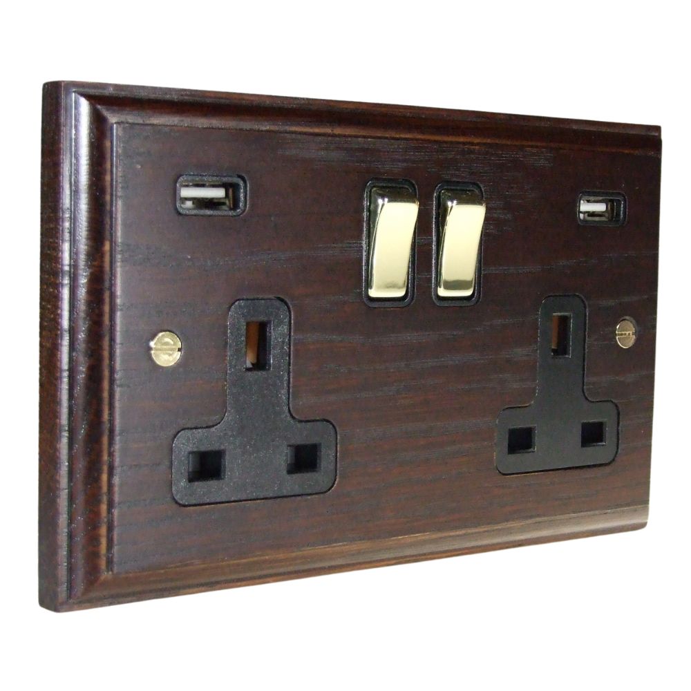 Classic Dark Oak Double Switched USB Socket Polished Brass and Black