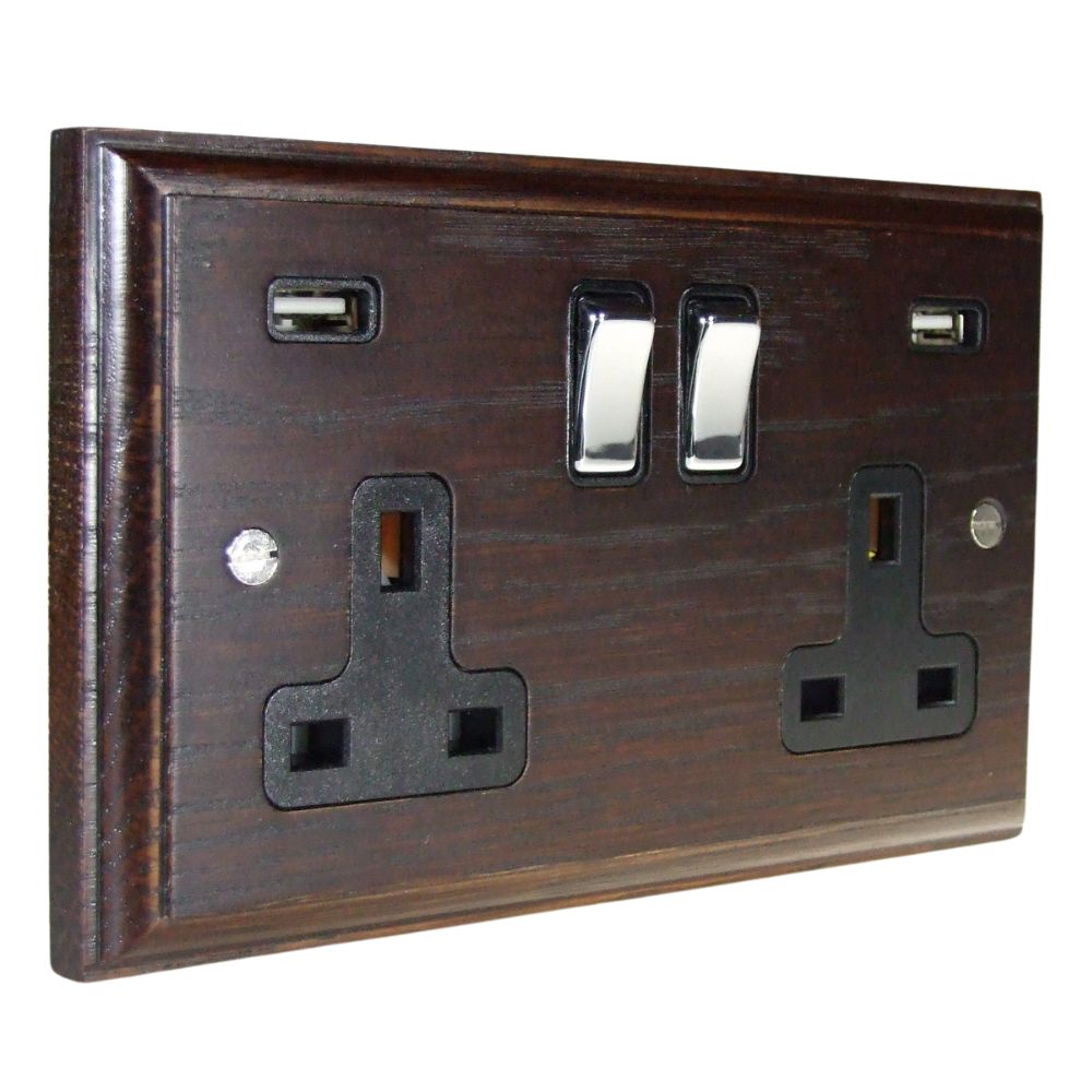 Classic Dark Oak Double Switched USB Socket Polished Chrome and Black