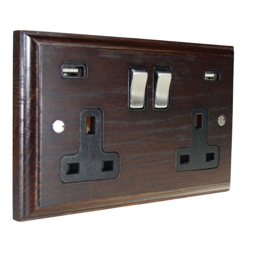 Classic Dark Oak Double Switched USB Socket Satin Stainless and Black