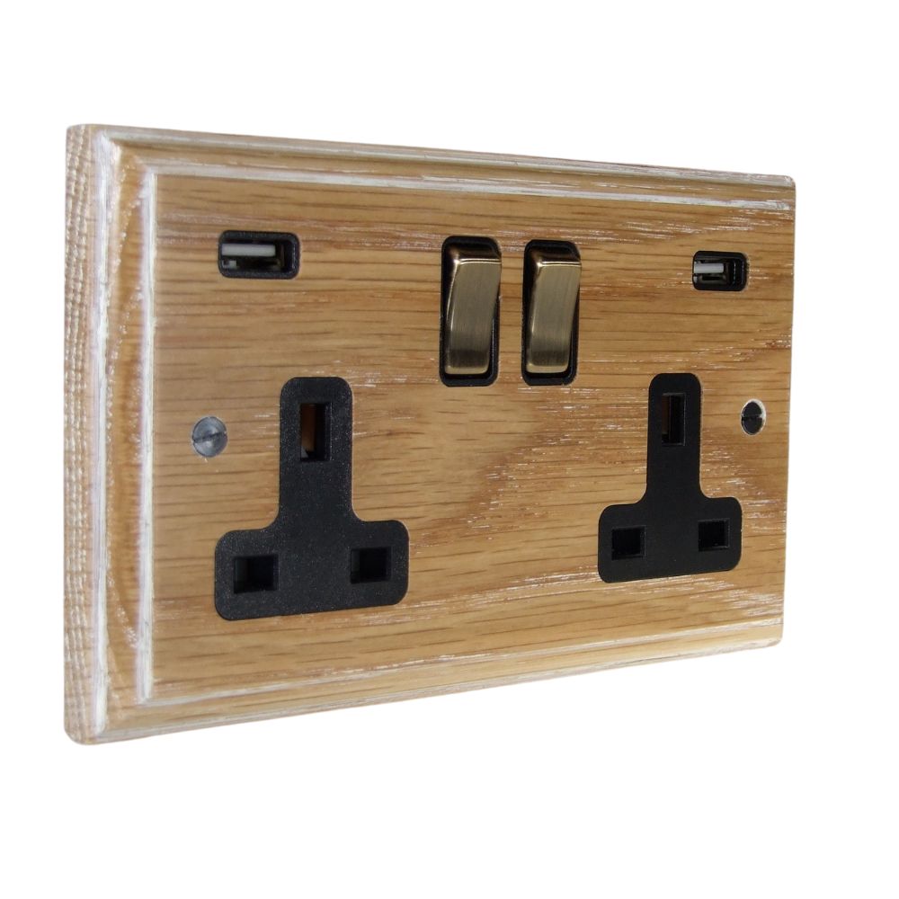 Classic Limed Oak Double Switched Socket with USB Antique Brass and Black