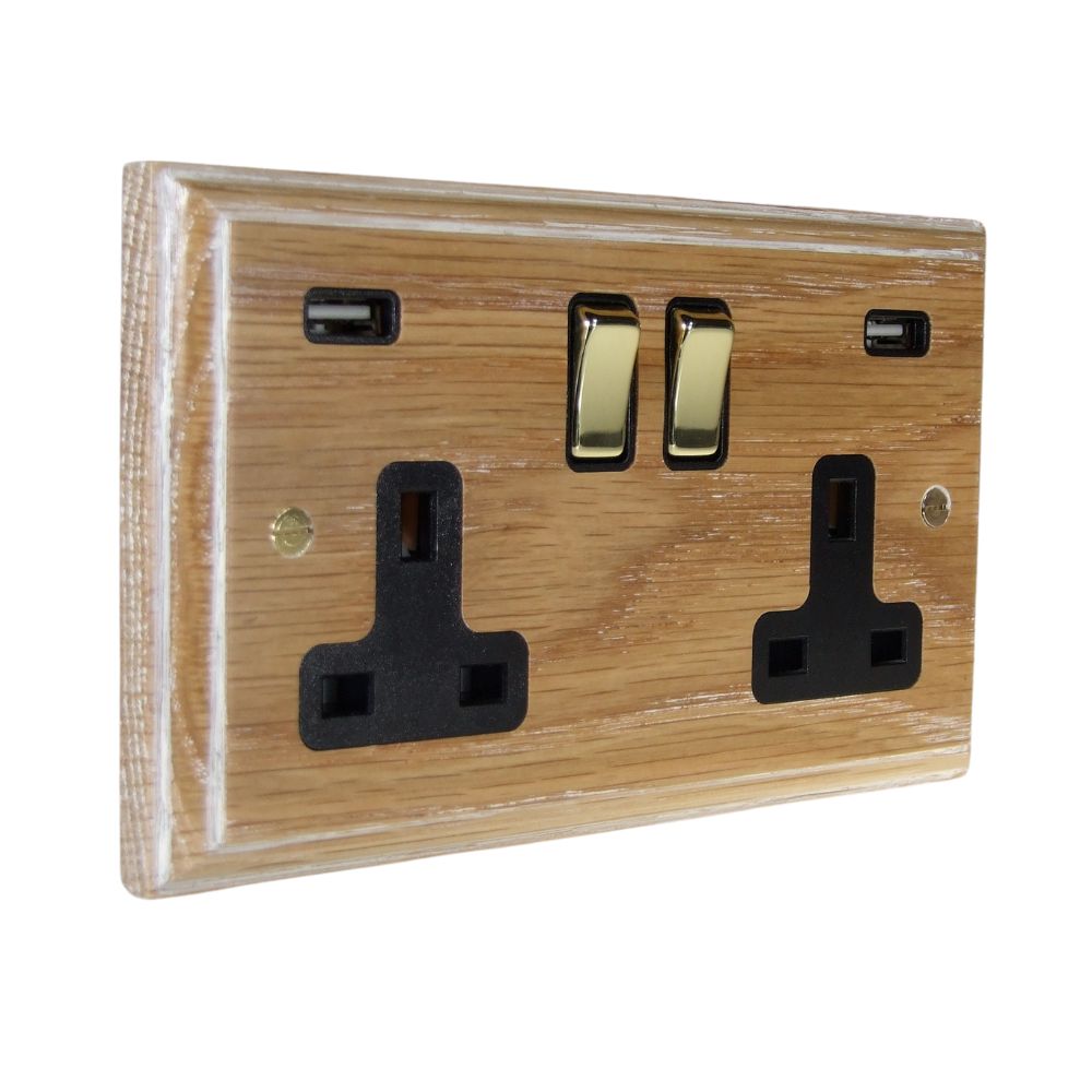 Classic Limed Oak Double Switched Socket with USB Polished Brass and Black
