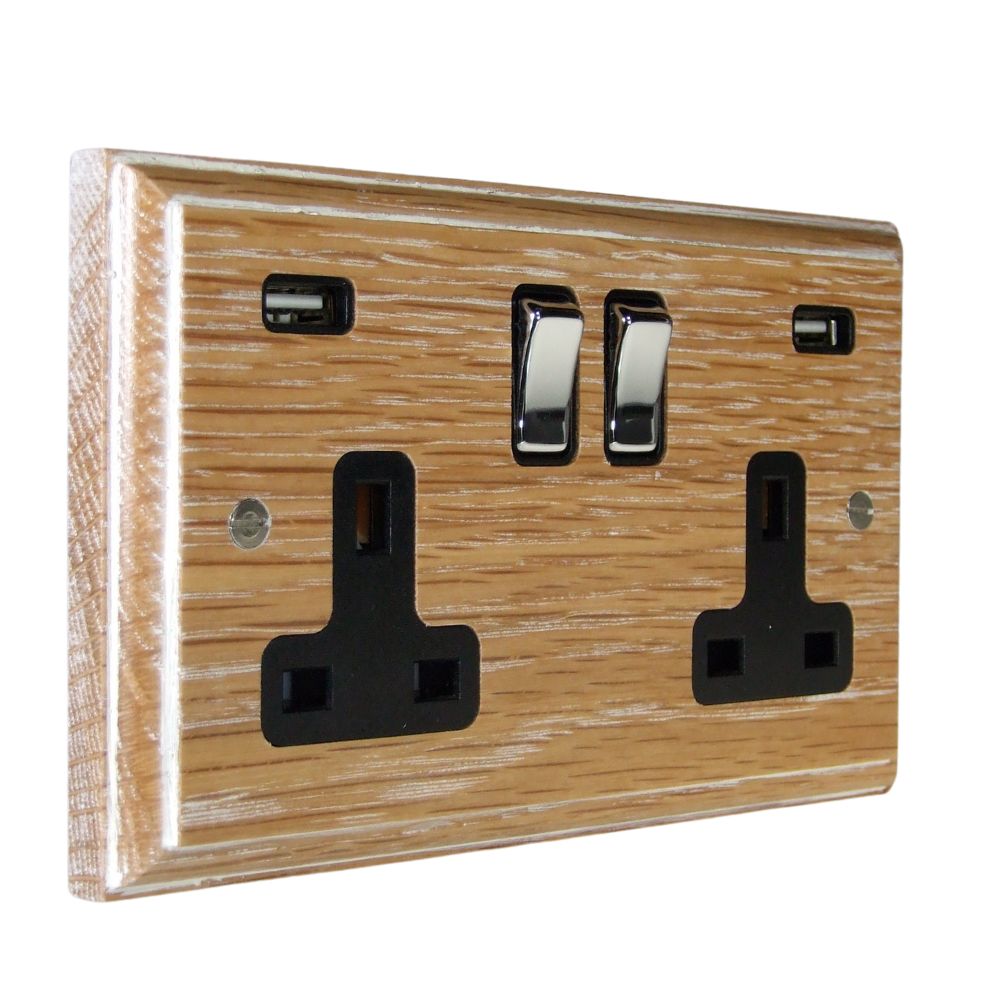Classic Limed Oak Double Switched Socket with USB Polished Chrome and Black