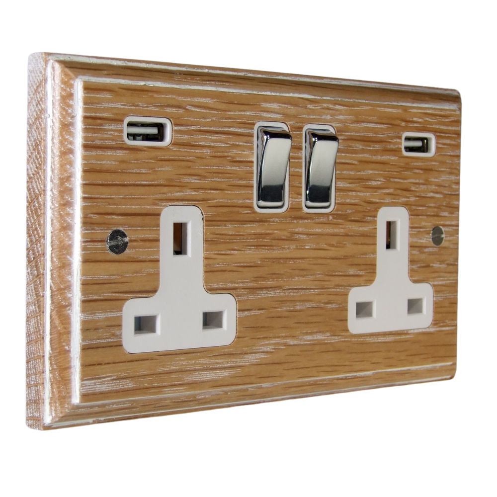 Classic Limed Oak Double Switched Socket with USB Polishe Chrome an White