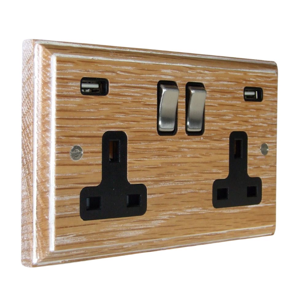 Classic Limed Oak Double Switched Socket with USB Satin Stainless and Black