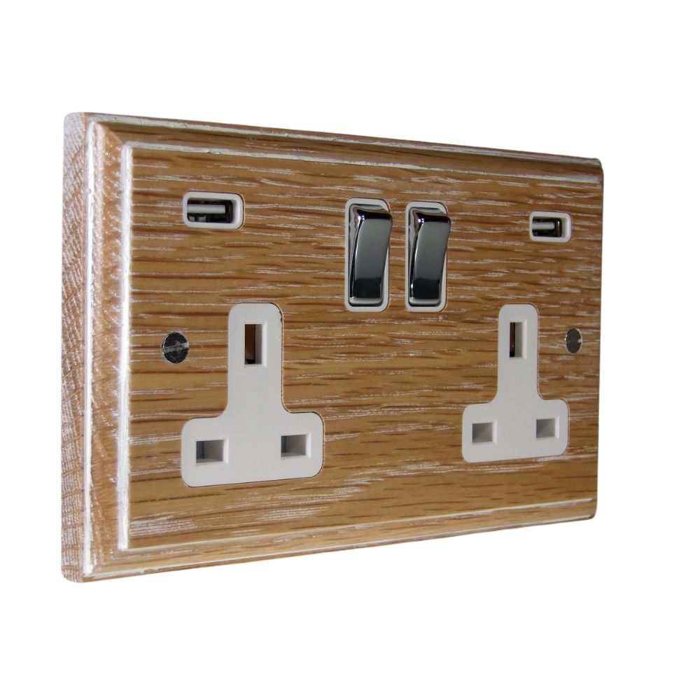 Classic Limed Oak Double Switched Socket with USB Satin Stainless and White