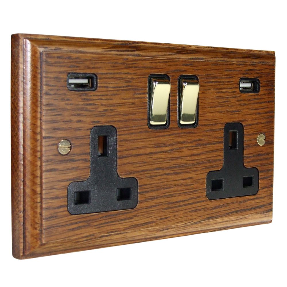 Classic Medium Oak Double Switched USB Socket Polished Brass and Black