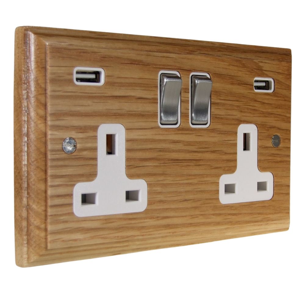 Classic Oak Double Switched Socket with USB Satin Stainless and White