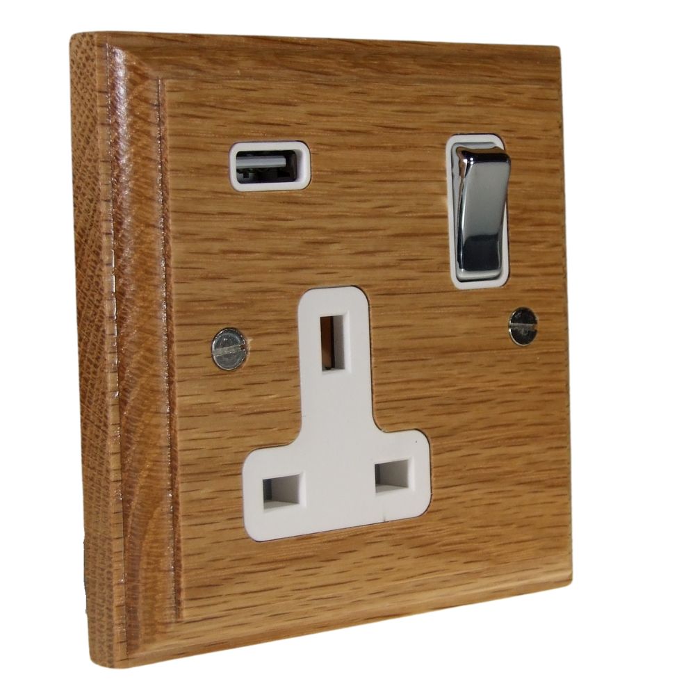 Classic Oak Single Switched Socket with USB Polished Chrome and White