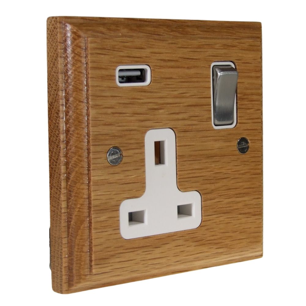 Classic Oak Single Switched Socket with USB Satin Stainless and White