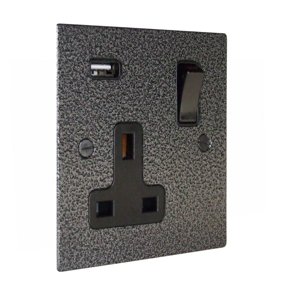 Elements 1-Gang 13-Amp Switched USB Socket in Silver Crackle
