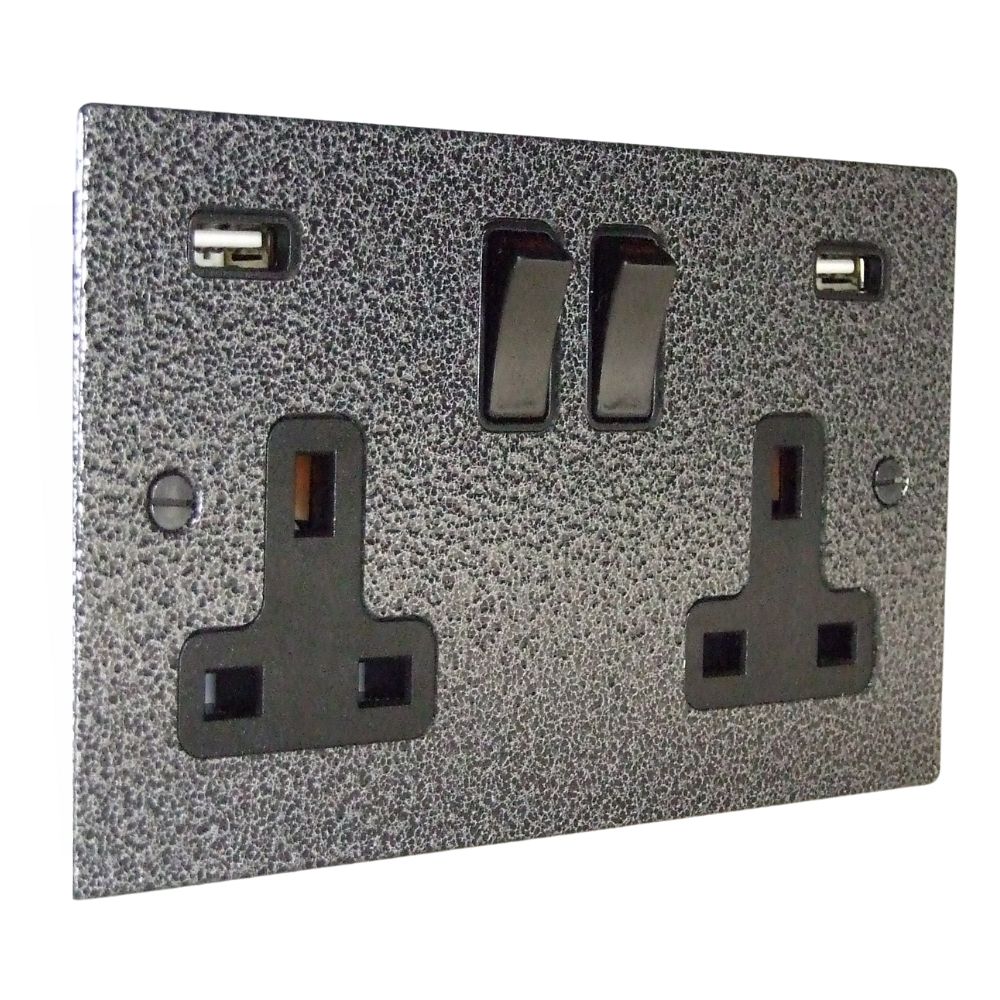 Elements 2-Gang 13-Amp Switched USB Socket in Silver Crackle